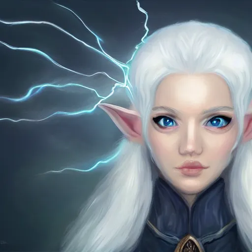 Prompt: Beautiful white haired aged fair skinned scholar elf with spell scroll and lightning background, full body, symmetrical, realism, digital painting, detailed artwork, portrait, mythical, artstation