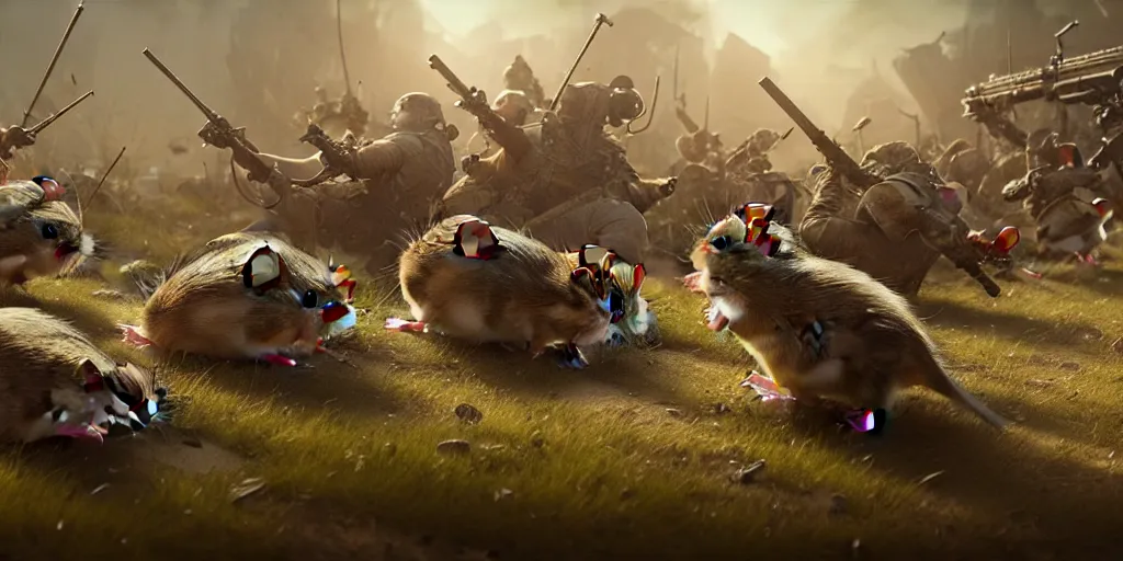 Image similar to highly detailed image of hamsters in a battle, hamsters, hamsters holding rifles, stephen bliss, unreal engine, fantasy art by greg rutkowski, global illumination, radiant light, detailed and intricate environment