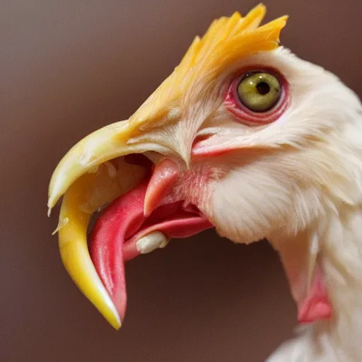 Prompt: chicken with an opened beak with human teeth