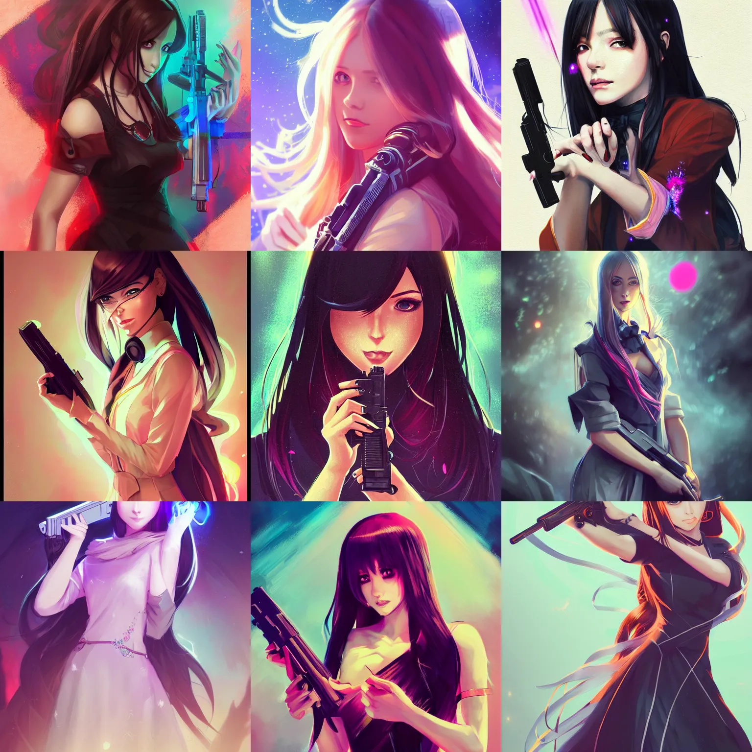 Prompt: portrait of woman in an elegant dress holding a gun, long straight hair, colourful, pretty face, intimidating expression, glowing eyes, anime style by rossdraws, artgerm and greg rutkowski, 4 k, graphic design, adobe illustrator, behance, trending on pixiv