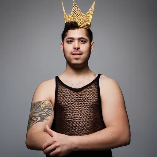 Image similar to A full shot portrait of a young man in a Netted Fishnet Mesh Tanktop wearing a golden diamond crown smoking a cigar on a sunny day in the park, 35mm, 4K, studio lighting