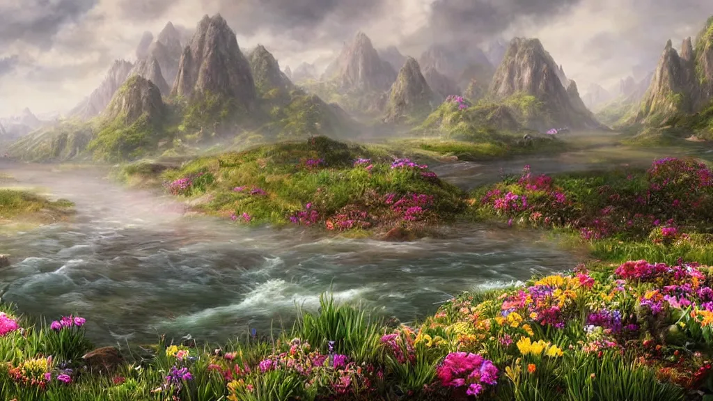 Image similar to Beautiful hyperrealistic detailed matte painting of a Landscape with a wide river in the middle of a meadow full of colorful flowers on the lost Vibes and mountains in the background, at the center there's a giant medieval fantasy portal gate with a rusty gold carved lion face at the center of it that takes you to another world, spring, delicate fog, sea breeze rises in the air, by andreas rocha and john howe, and Martin Johnson Heade, featured on artstation, featured on behance, golden ratio, ultrawide angle, well composed