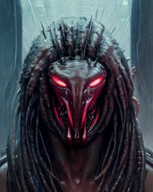 Image similar to a portrait of the predator fantasy character portrait, ultra realistic, cinematic, concept art, wide angle, intricate details, hologram, highly detailed by greg rutkowski, wayne barlowe,