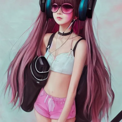 Image similar to realistic beautiful gorgeous natural cute Blackpink Lalisa Manoban pink hair cute fur pink cat ears, wearing white camisole summer outfit, headphones, black leather choker artwork drawn full HD 4K highest quality in artstyle by professional artists WLOP, Aztodio, Taejune Kim, Guweiz on Pixiv Artstation