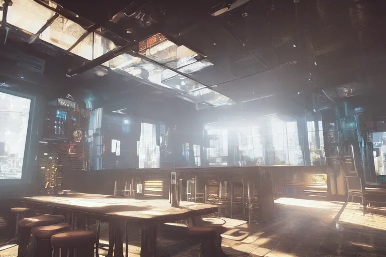 Image similar to ultra mega super hyper realistic Digital concept interior design of cyberpunk tavern. Natural white sunlight from the transperient roof. Rendered in VRAY and DaVinci Resolve and MAXWELL and LUMION 3D, Volumetric natural light