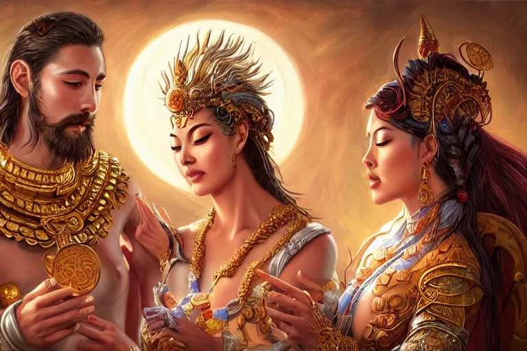 Prompt: close up moment of a divine a sun god and a moon goddess lovers magician at a wedding banquet, highly detailed, d & d, fantasy, highly detailed, digital painting, trending on artstation, concept art, sharp focus, asian feature, illustration, art by artgerm and daniel gerhartz and magali villeneuve