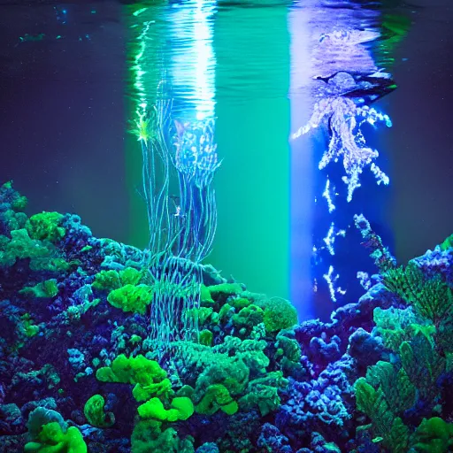 Image similar to bioluminiscence, award winning black and cyanphotography