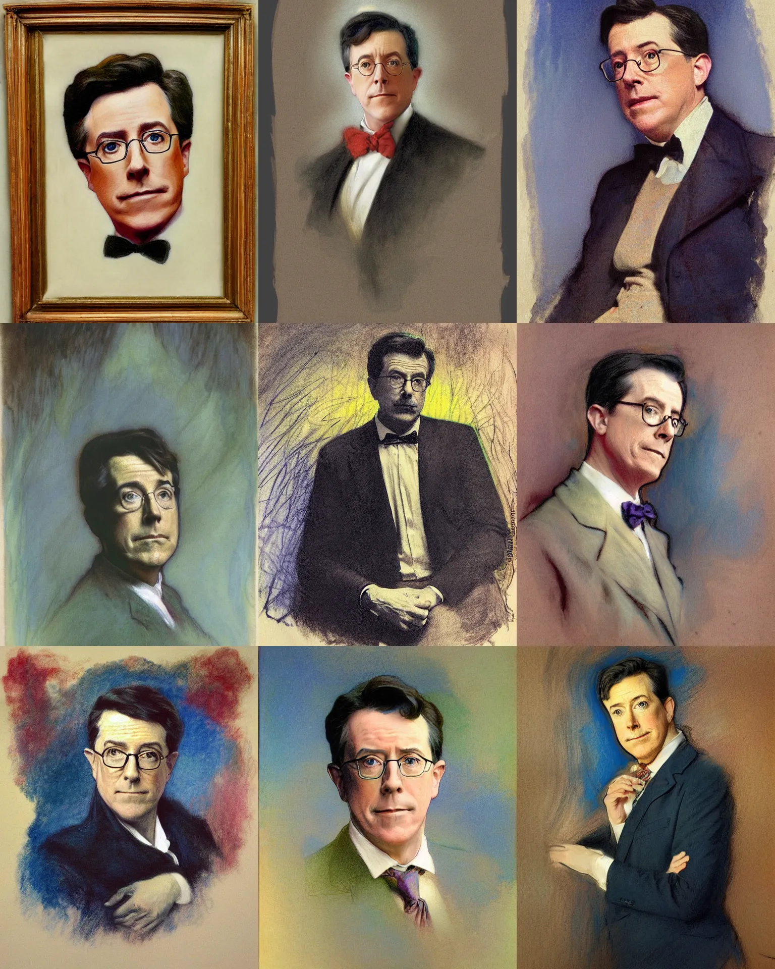 Prompt: colored chalk underdrawing linework portrait of steven colbert by john singer sargent, thomas moran, edmund dulac, fans hals, alphonse mucha, fashion photography, fully clothed
