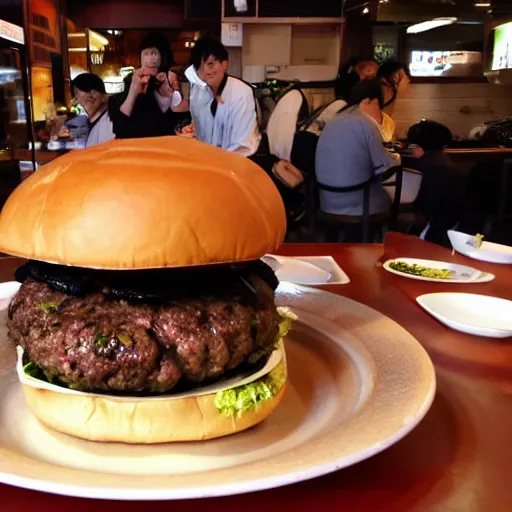 Prompt: the biggest burger in the centre of tokyo, photo