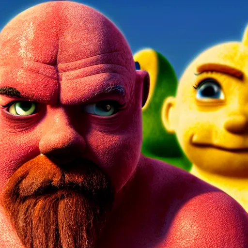 Image similar to kratos in teletubbies, from the new movie teletubbies, directed by peter jackson, bokeh, hyperrealism