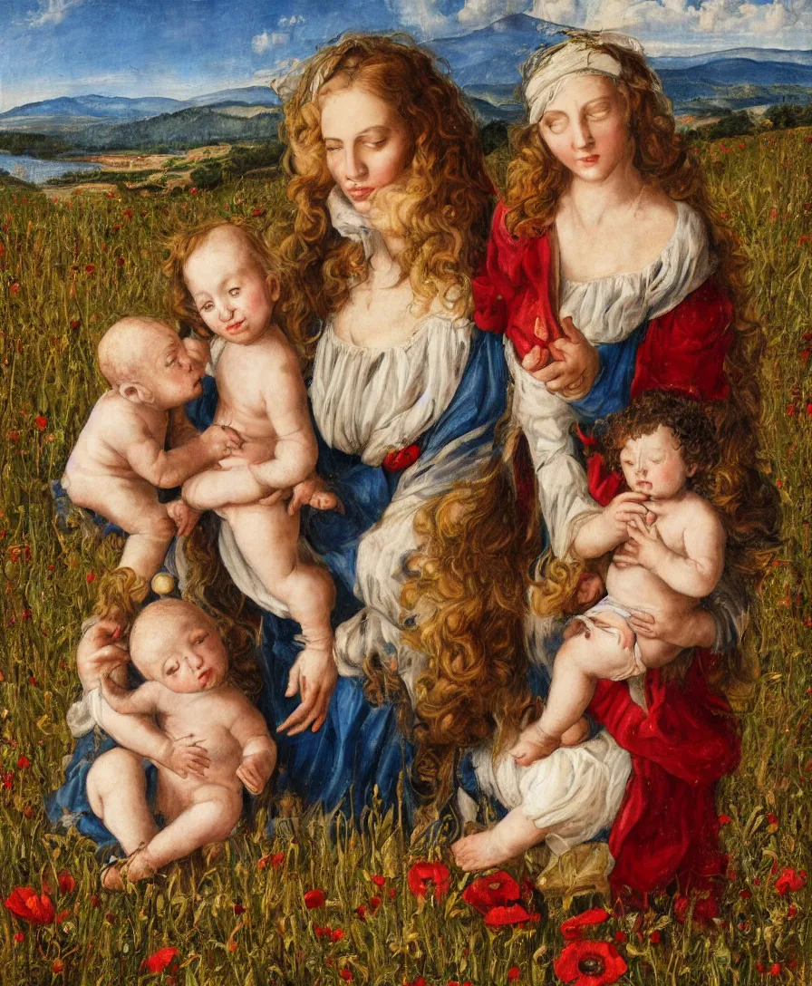 Prompt: Detailed Portrait of Madonna, with infant Jesus playin with thin long cross in the style of Raffael. Red curly hair. They are sitting in a dried out meadow in Tuscany, red poppy in the field. On the horizon there is a blue lake with a town like florence and blue mountains alps. Flat perspective.