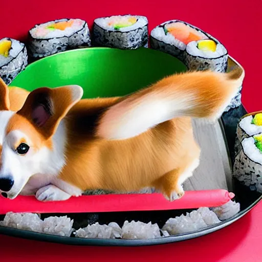 Prompt: a corgi dog in a house made of sushi, photograph