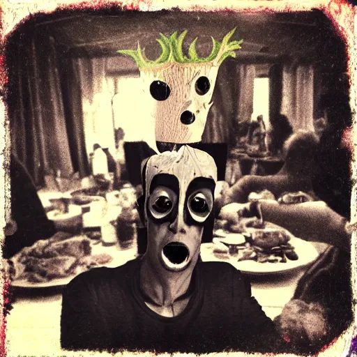 Image similar to horrible eldritch god at a sunday brunch, in the style of a polaroid photo