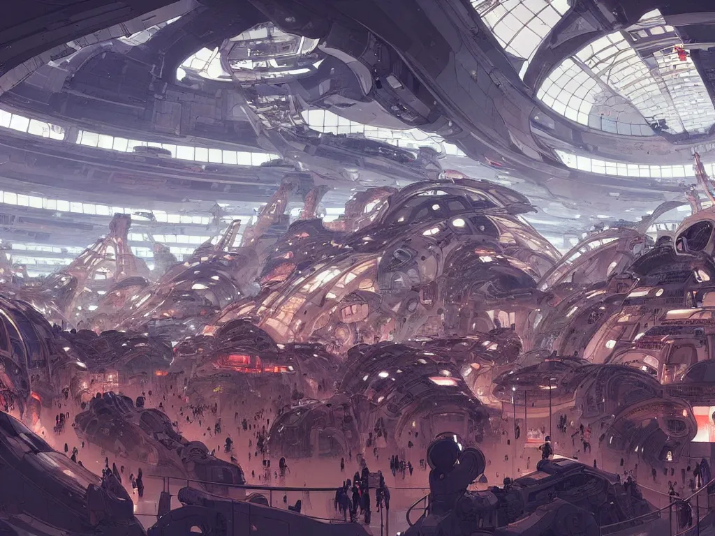 Prompt: the interior of a futuristic spaceport, large crowd of people, by kim jung gi and greg rutkowski, rule of thirds