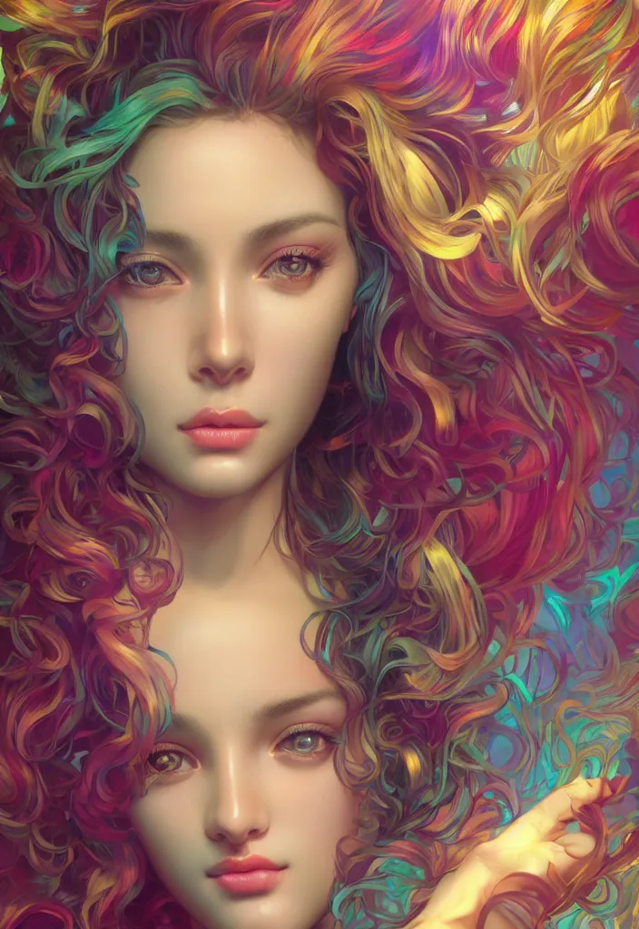 Image similar to beautiful, young woman, detailed gorgeous face, vaporwave aesthetic, synthwave, colorful, psychedelic, artstation, concept art, smooth, extremely sharp detail, finely tuned detail, ultra high definition, 8 k, unreal engine 5, ultra sharp focus, illustration, art by artgerm, greg rutkowski and alphonse mucha