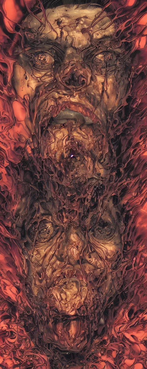 Prompt: closeup of face melting in agony, inside dark oil, frontal picture, by yoichi hatakenaka, masamune shirow, josan gonzales and dan mumford