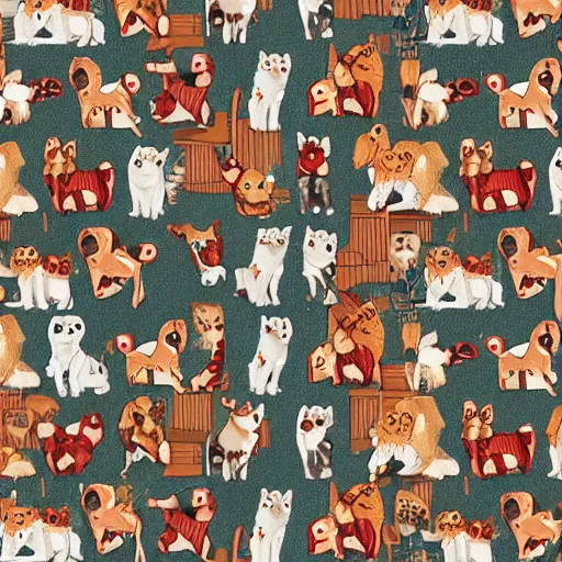 Image similar to a pattern of dogs and cats, vintage style