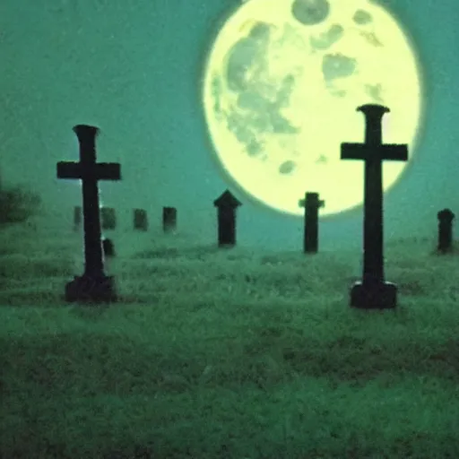 Prompt: a low - quality vhs video from 1 9 9 0 of a cg ghost wandering a moonlit cemetery