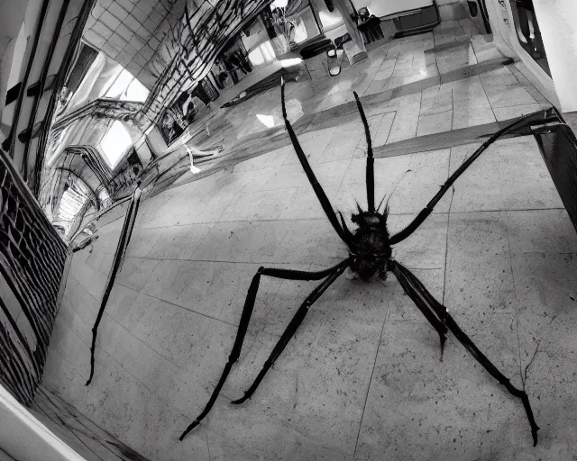 Prompt: camera footage of a giant spider in an abandoned shopping mall, high exposure, dark, monochrome, camera, grainy, CCTV, security camera footage, timestamp, zoomed in, fish-eye lense, spiders, spider, spider, spider,