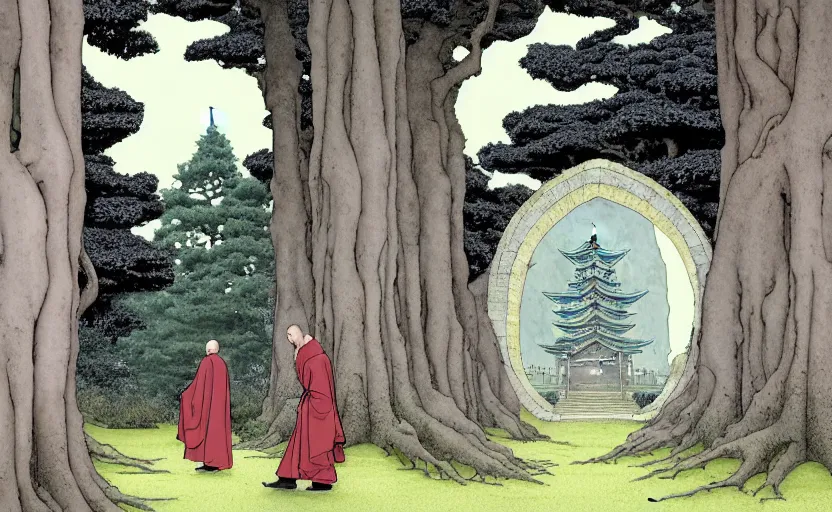 Image similar to a hyperrealist watercolour concept art of a dimensional time portal in the shape of an arch of trees. a medieval monk in grey robes is in the foreground. a japanese temple is in the background. very muted colors, post grunge, by rebecca guay, michael kaluta, charles vess and jean moebius giraud. high detail, hq, wide shot, 4 k