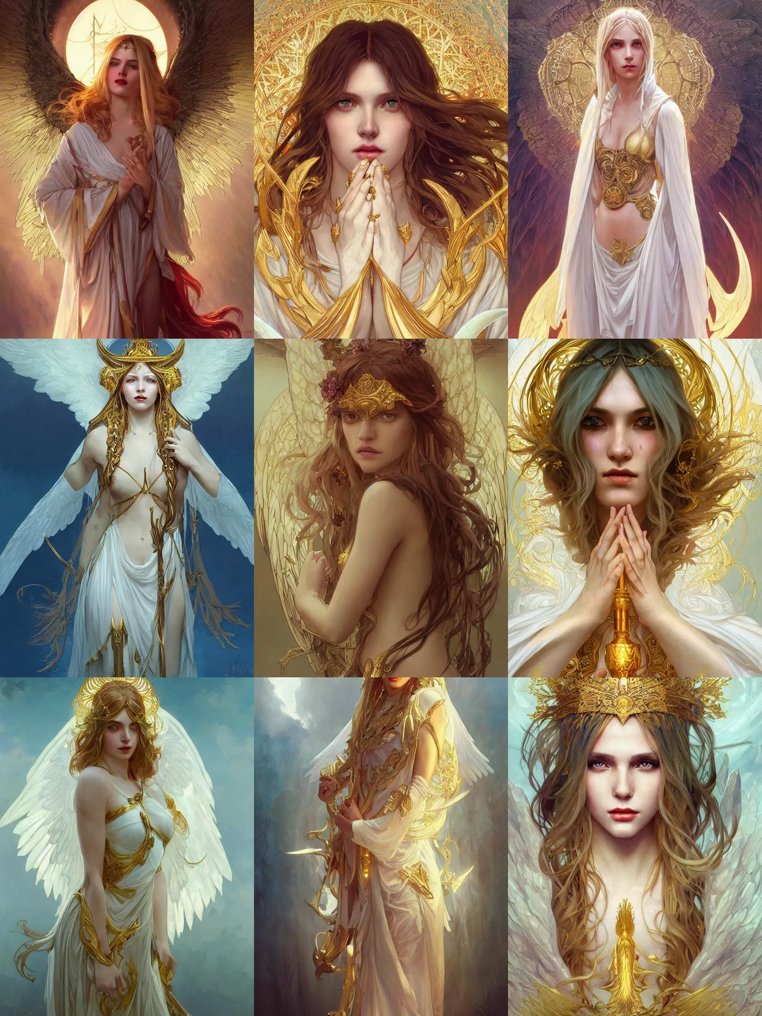 Prompt: priestess with angelical wings, golden hair, fluorescent eyes, white skin, lipstick, beautiful, goodness, high fantasy, illustration, by artgerm, greg rutkowski, alphonse mucha