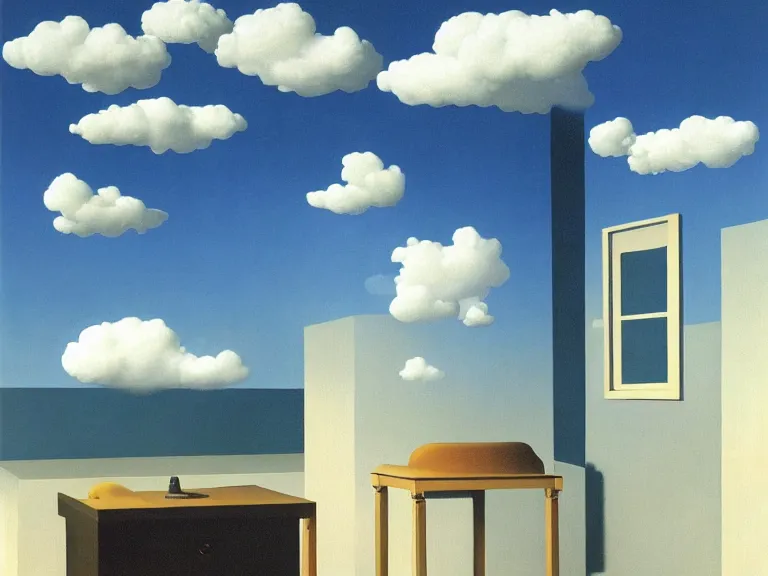 Prompt: room with clouds painted on the walls, painting by rene magritte, centered, high detail, high resolution