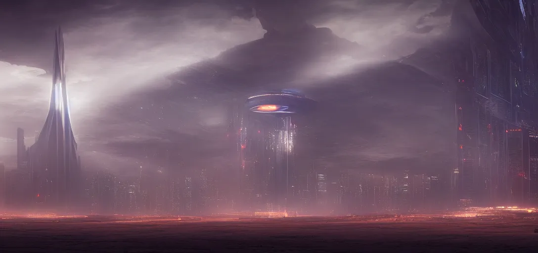 Image similar to view from the desert ground fire night stars of futuristic mechanical blade runner cyberpunk architecture, light rays, symmetry, cinematic lighting, ultra detailed, sharp, ambient occlusion, bloom, raytracing, by greg rutowski, paul chadeisson and jessica rossier