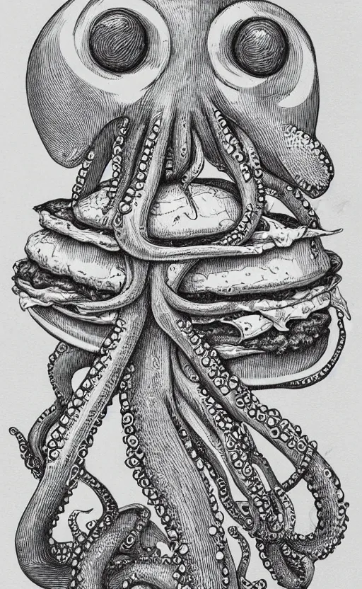 Image similar to highly detailed pencil illustration of octopus eating a burger, symmetrical, hd, trending, silk screen