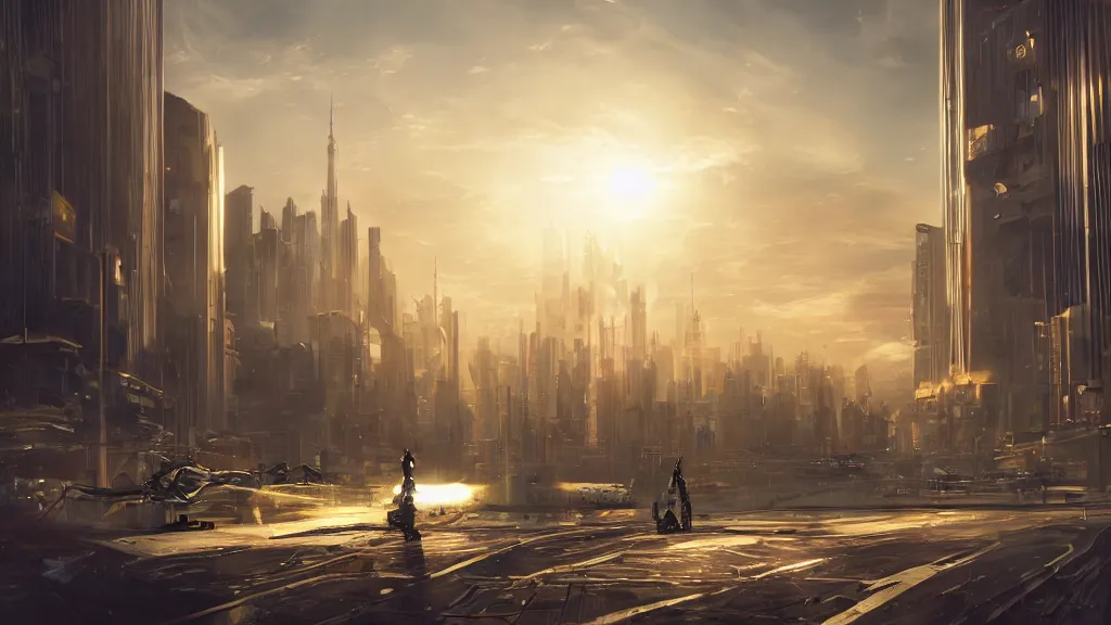 Image similar to Amazing photorealistic digital concept art of a guardian robot in a futurstic city, by James Clyne and Joseph Cross. Cinematic. LED lighting. A bright billowing explosion in the distance. Wide angle. Clean lines. Balanced composition.