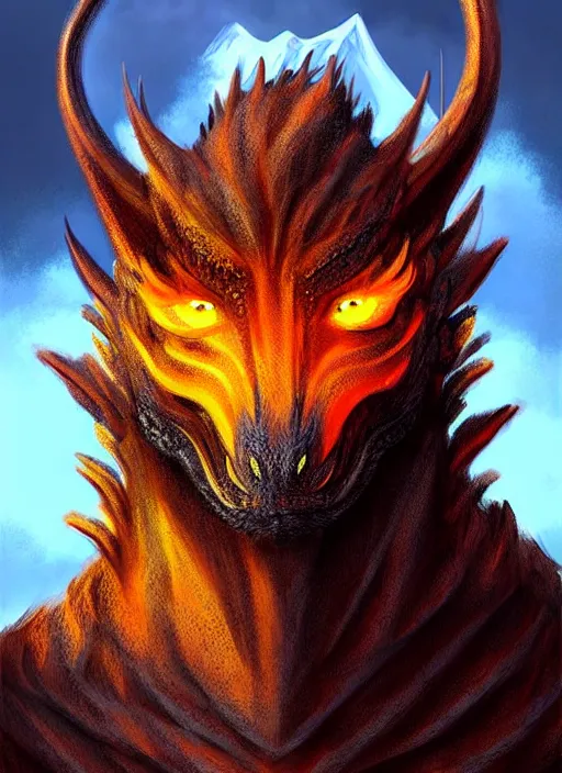 Image similar to ''face portrait furry handsome dragon, volcano landscape, fantasy, d & d, sharp focus, digital painting, concept art''