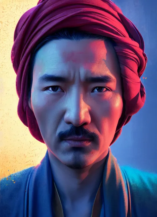 Prompt: centered painted portrait, a uyghur man, gloomhaven, matte painting concept art, art nouveau, beautifully backlit, swirly vibrant color lines, fantastically gaudy, aesthetic octane render, 8 k hd resolution, by ilya kuvshinov and and gilleard james and luc tuymans