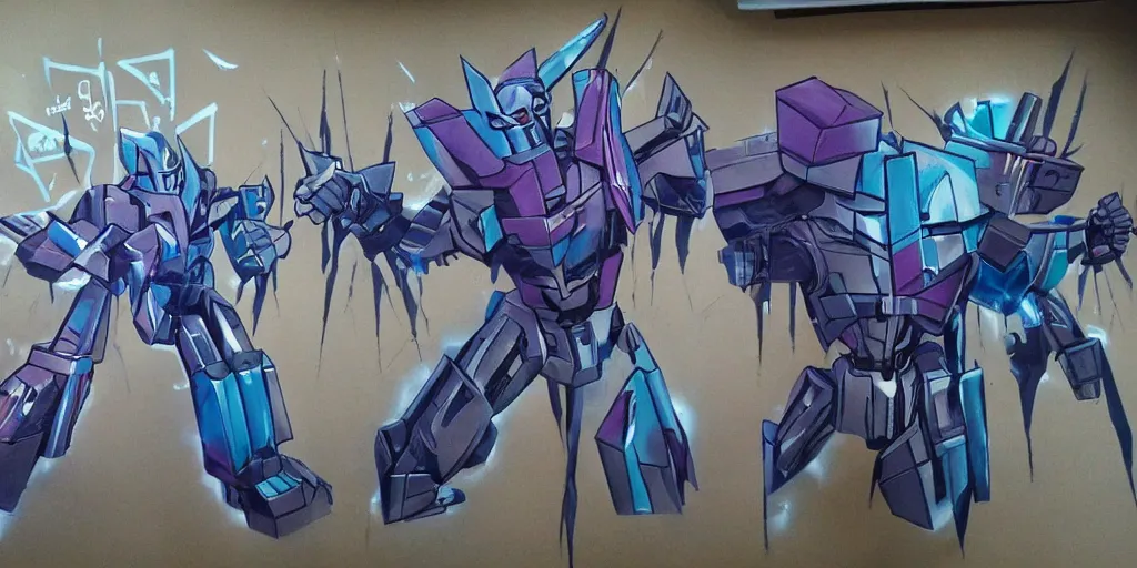 Prompt: decepticons transforming into 3 d! graffiti, arrows, paint drips, gradient shading, highly detailed, reflective