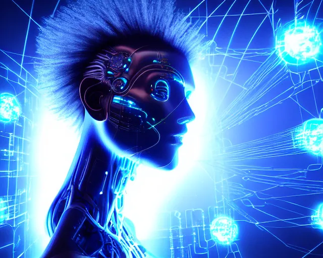 Image similar to glowing hair, complex cybernetic beings, beautiful hairy humanoids, cybermagnetosphere, cybernetic civilizations, ornate hair, love, joy, vortexes, large arrays, data holograms, 8 k, cinematic light shadows, wet hdr refractions, *, * * *, * * * * *