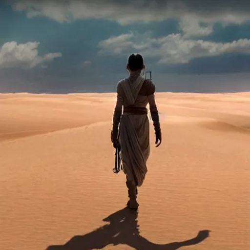 Prompt: rear view of Rey from Star Wars walking along the dunes on Jakku.