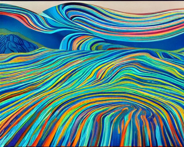 Image similar to A wild, insane, modernist landscape painting. Wild energy patterns rippling in all directions. Curves, organic, zig-zags. Saturated color. Mountains. Clouds. Rushing water. Hallucinatory sci-fi dreamworld. Wayne Thiebaud. Lisa Yuskavage landscape.