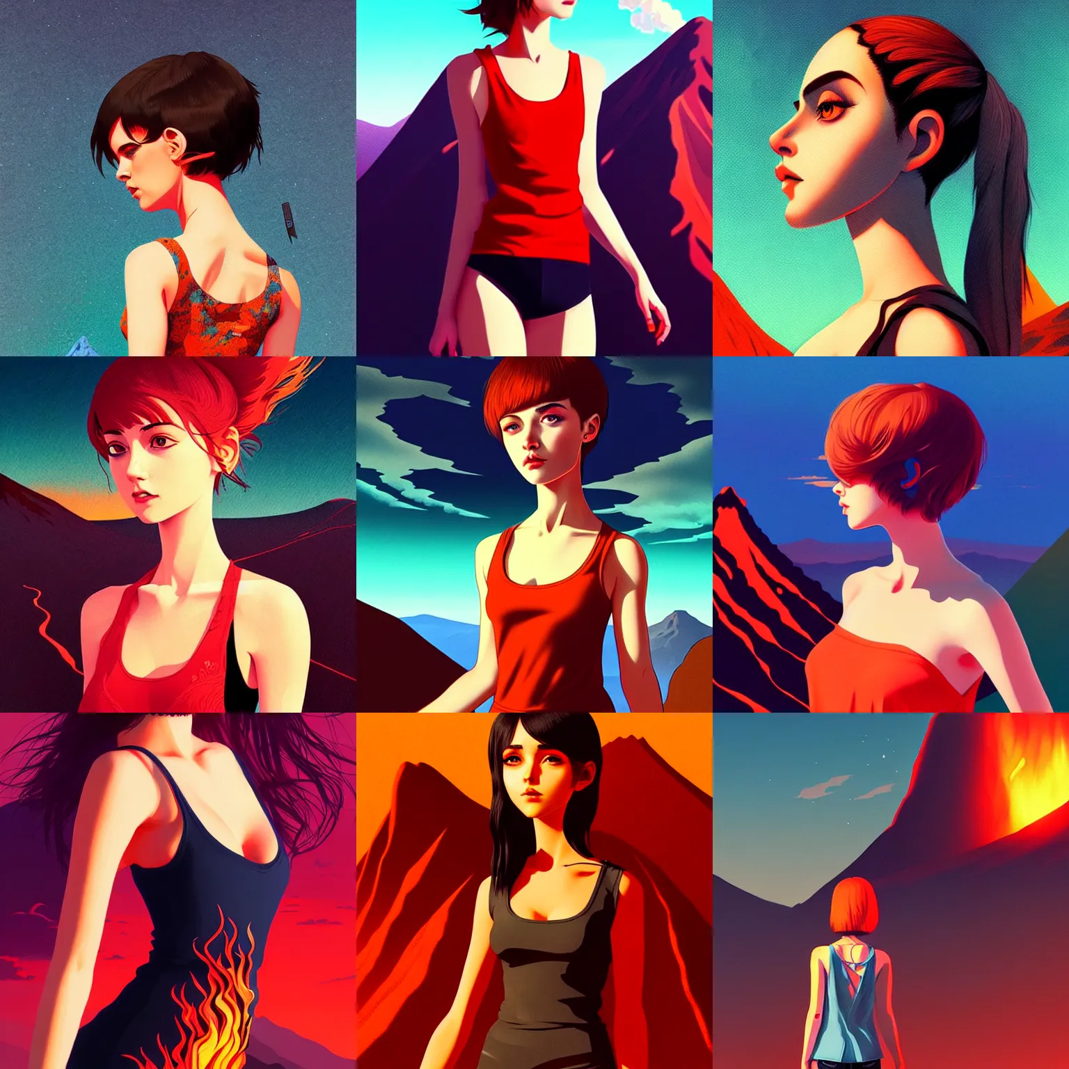 Prompt: beautiful girl wearing a low cut tanktop, highly detailed, intricate, in the style of ilya kuvshinov, blazing infero, volcano landscape