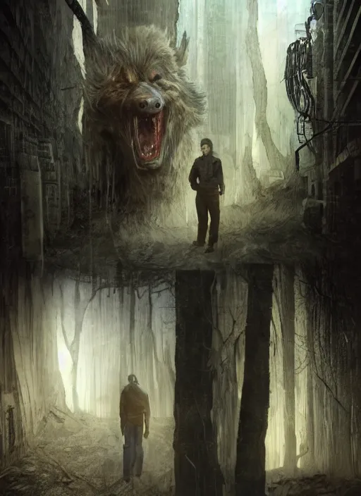 Prompt: 8 k concept art from the modern werewolf thriller anthology miniseries / first changes /, by david mattingly and jason harkness and samuel araya and michael whelan and dave mckean. realistic matte painting with photorealistic hdr lighting. composition and layout inspired by christopher mckinney and anka zhuravleva and jordan hoffne.