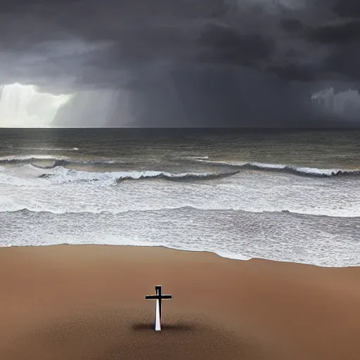 Image similar to a highly detailed matte painting of a large cross standing on the beach as a storm comes in with the tide, woman in a chair watching the ocean, epic fantasy, god rays, rocky beach, ultrawide lense, aerial photography, unreal engine, exquisite detail, 8 k, art by greg rutkowski and alphonse mucha