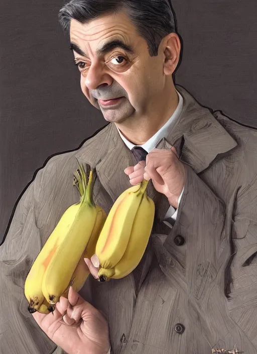 Image similar to Rowan Atkinson as cross eyed Mister Bean holding a banana, intricate, elegant, highly detailed, centered, digital painting, artstation, concept art, smooth, sharp focus, illustration, art by artgerm and donato giancola and alphonse mucha
