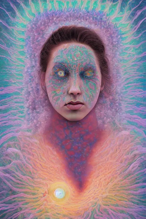 Prompt: acid tripping midsommer girl third eye open, chakra energy waves resonating from her body, ethereal aura, epic surrealism 8k oil painting, portrait, perspective, high definition, post modernist layering, by Sean Yoro, Gerald Brom