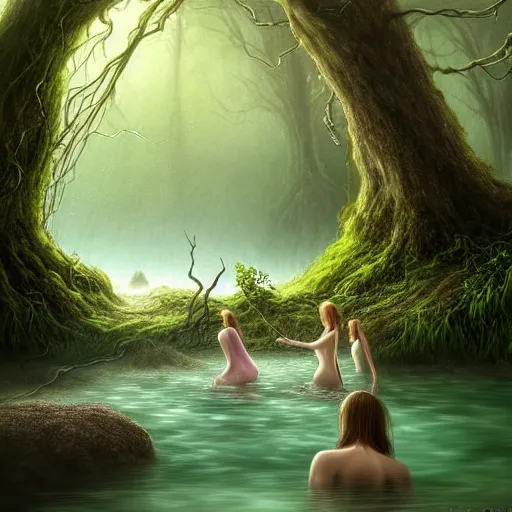 Prompt: beautiful digital fantasy illustration of A woody green field with a stream running through it, with a group of dryad women standing in the water. They seem to be preparing to submerge themselves in the cool, clear waters of the stream. a creepy creature standing in front of a mirror!, cgsociety, fantasy art, highly detailed, soft lighting, rendered in octane, masterpiece, very very very aesthetic