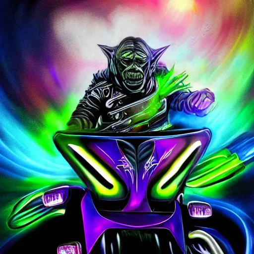 Image similar to psychedelic blacklight airbrush artwork, motorcycle, hyper stylized action shot of an orc biker riding a motorcycle, clear focused details, soft airbrushed artwork, black background, cgsociety, artstation