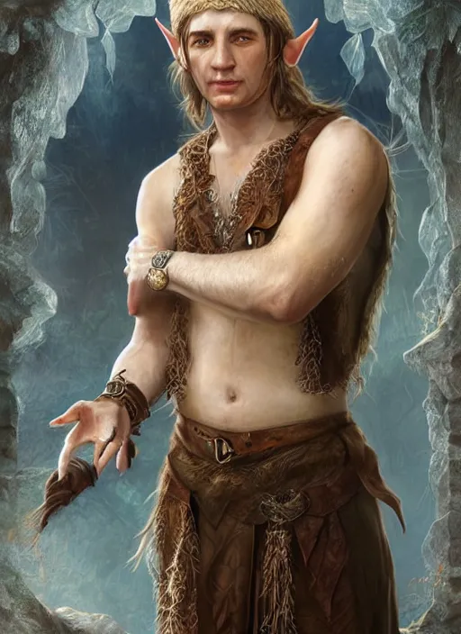 Prompt: a relaxed male elf middle aged druid in a sleeveless west, brown short hair, strong, full body, 8 k, hyperrealistic, hyperdetailed, fantasy portrait by laura sava