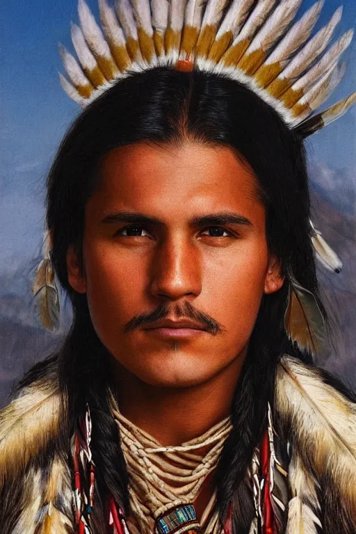 Image similar to Photo of Native American indian man Alexander Lukashenko, portrait, skilled warrior of the Apache, ancient, realistic, detailed, Emma Watson
