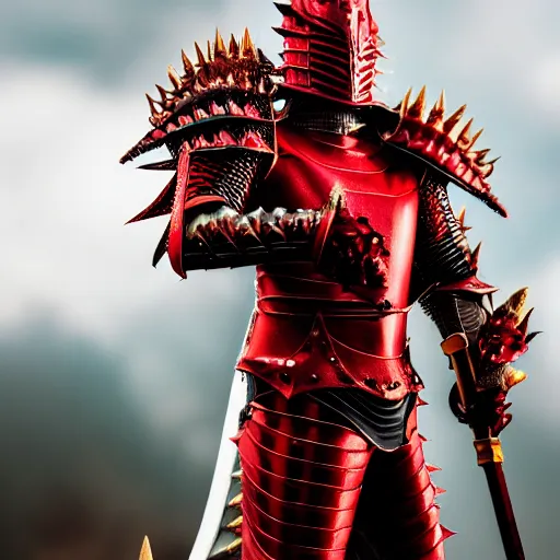 Image similar to a knight wearing full red armor, in the style of a dragon, spikes, wielding a whip, ultra realism, high detail, bokeh