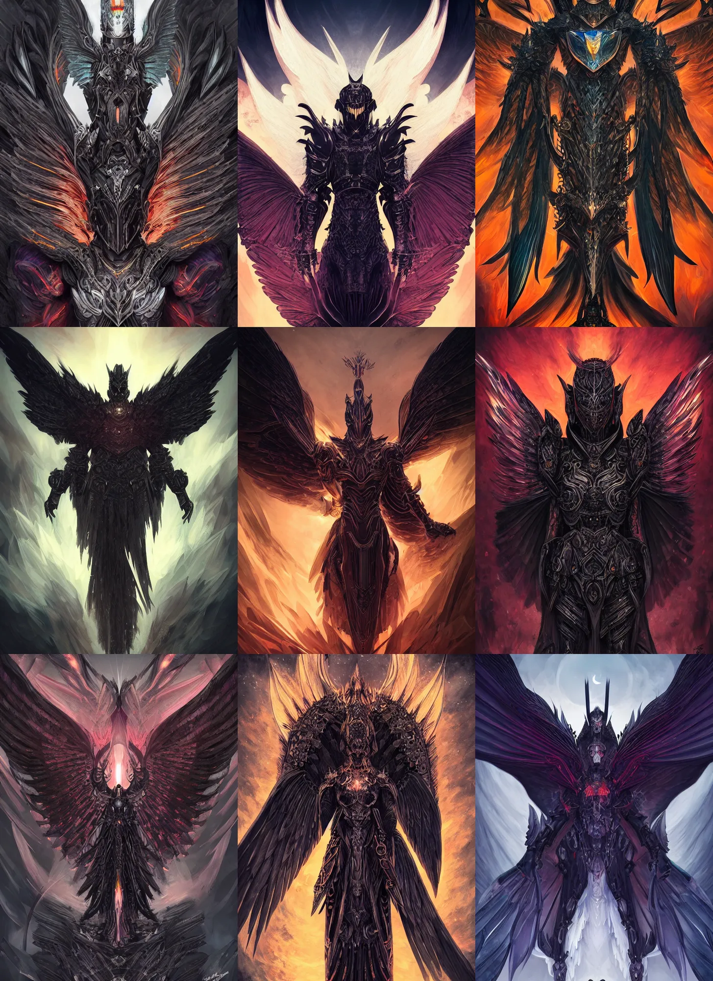 Prompt: portrait of a resurrected black knight, huge symmetric wings, covered in black flames, dark fantasy, detailed, smooth, sharp focus, colorful, digital illustration, by frank franzzeta, rossdraws, sakimichan, chiaroscuro