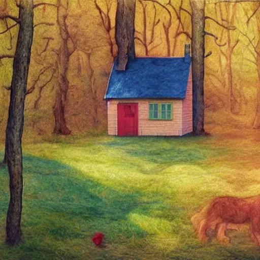 Prompt: small wooden house in the middle of spring forest, bright colours, watercolor, volumetric wool felting, macro photography, children illustration, by quint buchholz