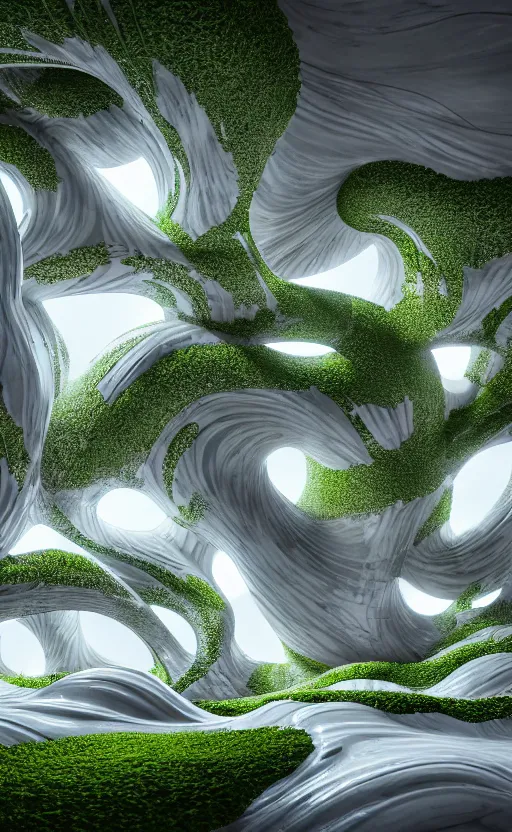 Prompt: highly detailed ultra sharp 3 d render cinematic composition of a smooth ceramic porcelain magnolia stone white fluid fractal sci - fi surreal architecture landscape, marble gold details, magnesium, foliage, archviz, vincent callebaut composition, mamou - mani, beautiful lighting, 8 k, unreal engine, hdr, dof