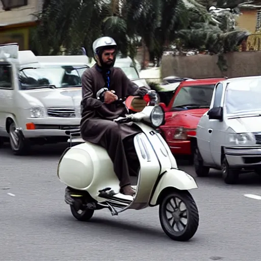 Image similar to a rich arab prince riding a vespa in heavy traffic