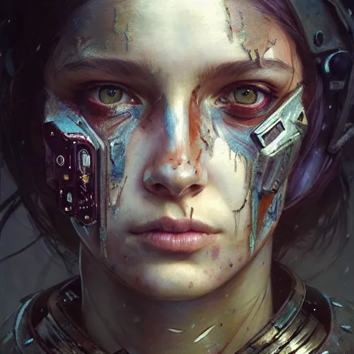 Image similar to portrait painting of a post - apocalyptic teenage girl with warpaint on her face wearing scrap armor, concept art, intricate details, eerie, highly detailed, octane render, 8 k, unreal engine. art by artgerm and greg rutkowski and charlie bowater and magali villeneuve and alphonse mucha